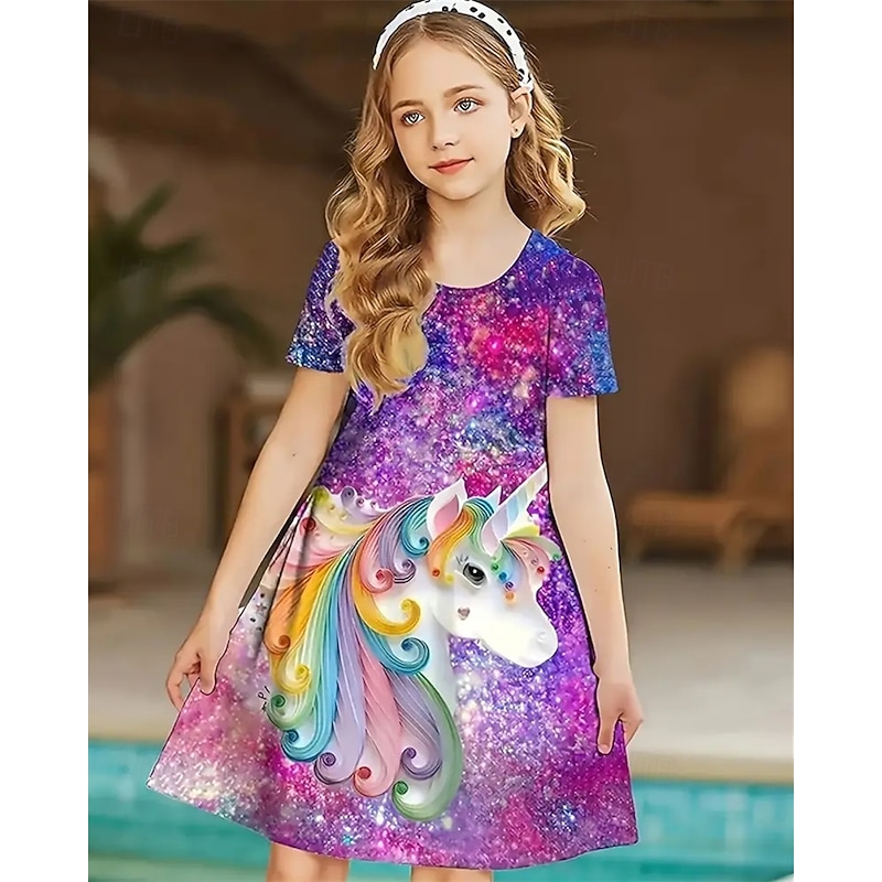 Girls' 3D Graphic Unicorn Dress Short Sleeve Summer Spring Vacation Daily Holiday Princess Beautiful Sweet Kids 4-12 Years Casual Dress Knee-length Regular Fit