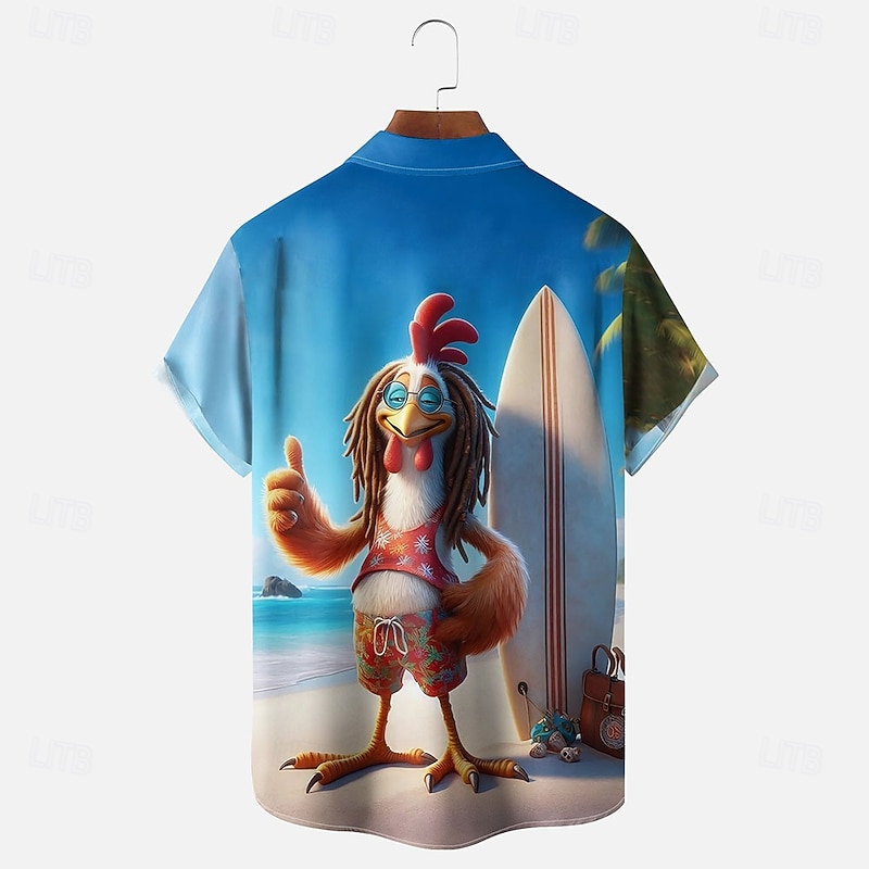 Men's Rooster Funny Summer Hawaiian Shirt Button Up Shirt Short Sleeve Hawaiian Resort Vacation Holiday Beach Wear Summer Spring Turndown 3D Print Collared Shirts Front One Pocket Blue2