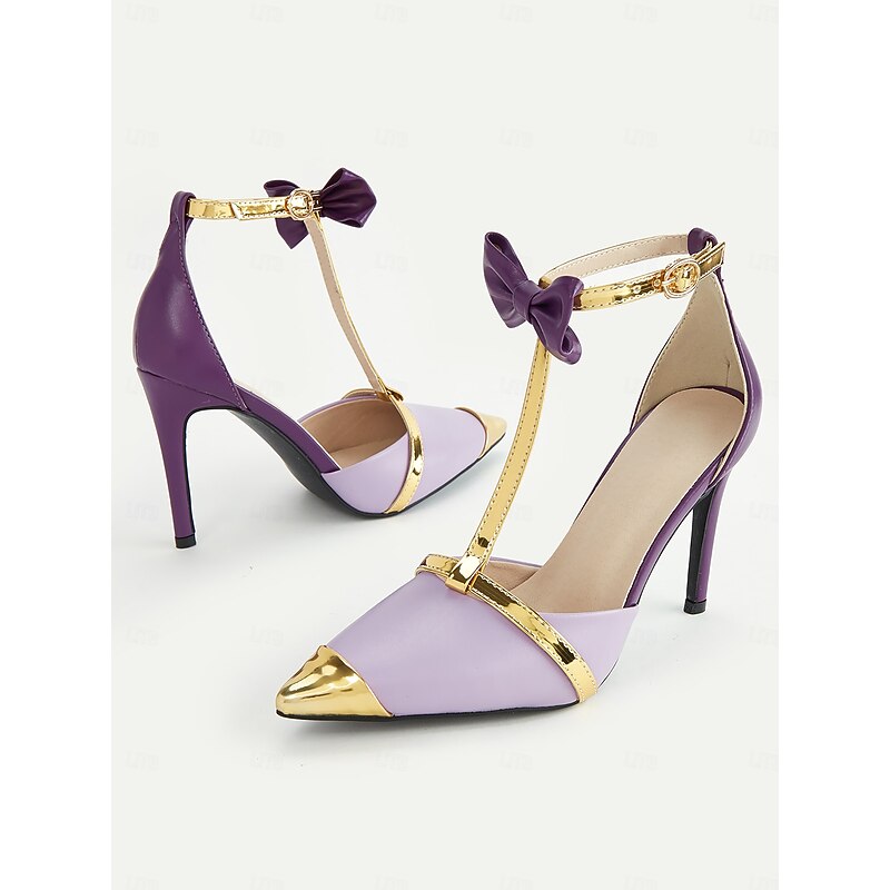 Women's Lavender T-Strap Stiletto Heels with Gold Accents and Bow Details, Elegant Party and Evening Shoes for Special Occasions