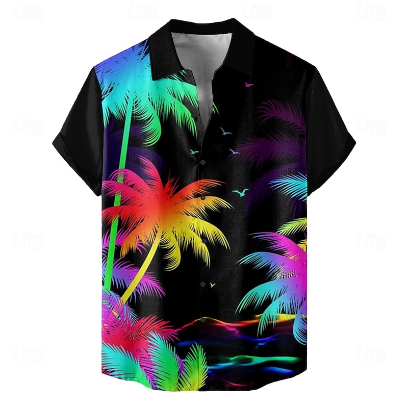Men's Coconut Tree Tropical Plants Summer Hawaiian Shirt Aloha Shirt Short Sleeve Hawaiian Resort Vacation Holiday Beach Wear Summer Spring Turndown Button Up Black