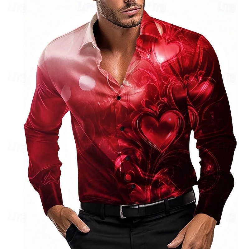 Valentine's Day Men's Heart LOVE Gradient Color Satin Shirt Button Up Shirt Long Sleeve Fashion Casual Party Gift Holiday Spring Fall Turndown 3D Print Violet Pink Red Blue