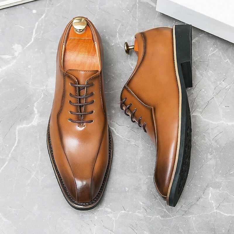 Men's Classic Brown Faux Leather Lace-Up Dress Shoes – Stylish Formal Footwear for Business and Special Occasions3