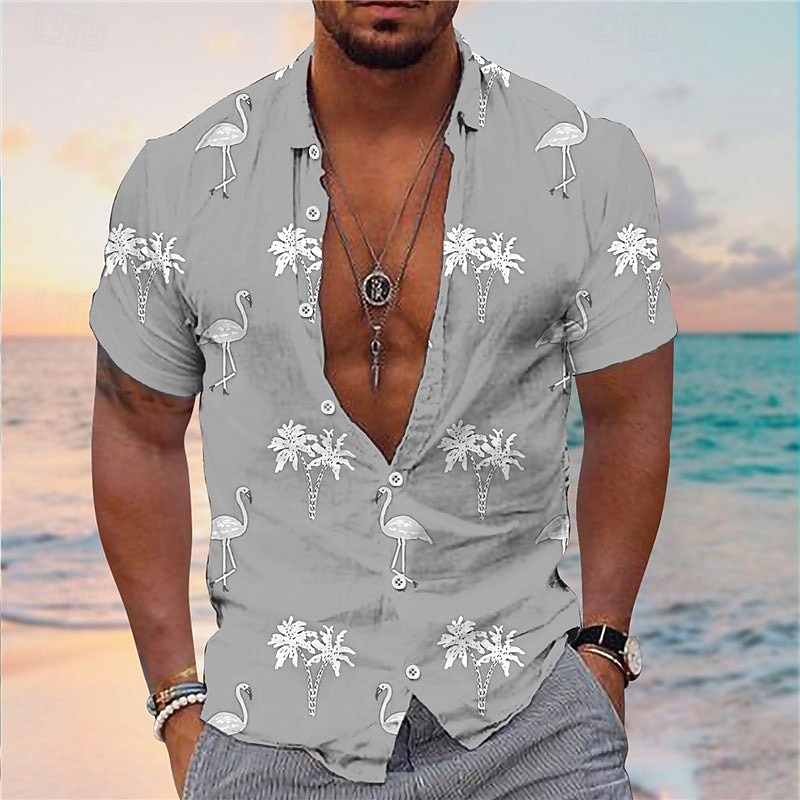 Men's Flamingo Coconut Tree Tropical Plants Shirt Summer Hawaiian Shirt Aloha Shirt Short Sleeves Shirt Turndown Tropical Fashion Streetwear Daily Hawaiian Holiday Yellow Pink Navy Blue S M L3