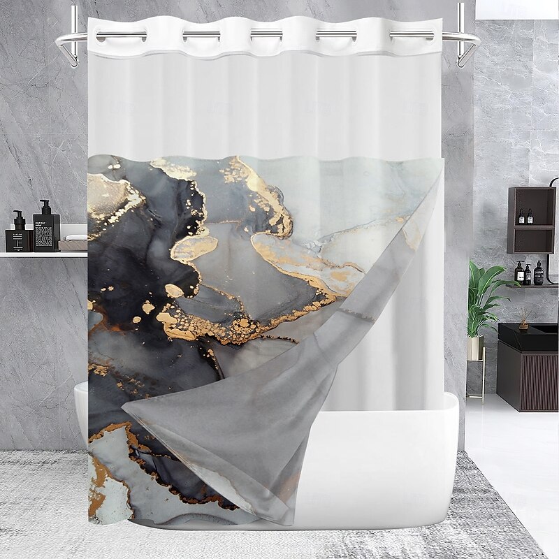 Marble Waffle-Weave Textured Shower Curtain Set with Snap-in Liner Sheer Window Water-Repellent Polyester, Grommet Top, 120GSM Hotel Quality Spa Style Bathroom Partition No Hooks Required2