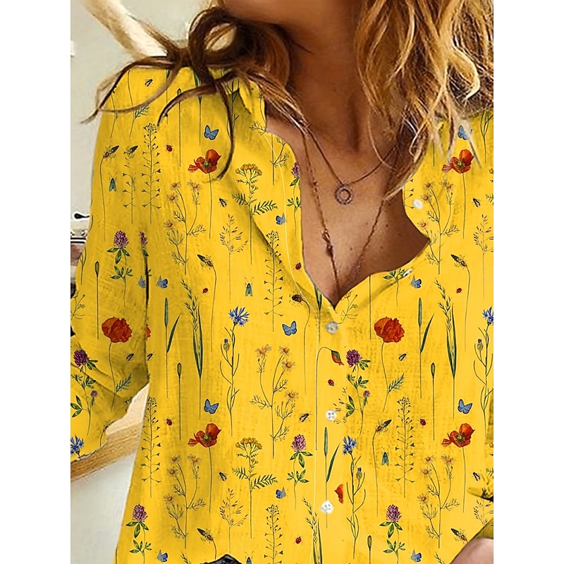Women's Shirt Button Down Tunic Shirt Collar Long Sleeve Floral Daily Stylish Long Tops Daily s Print Yellow Spring2