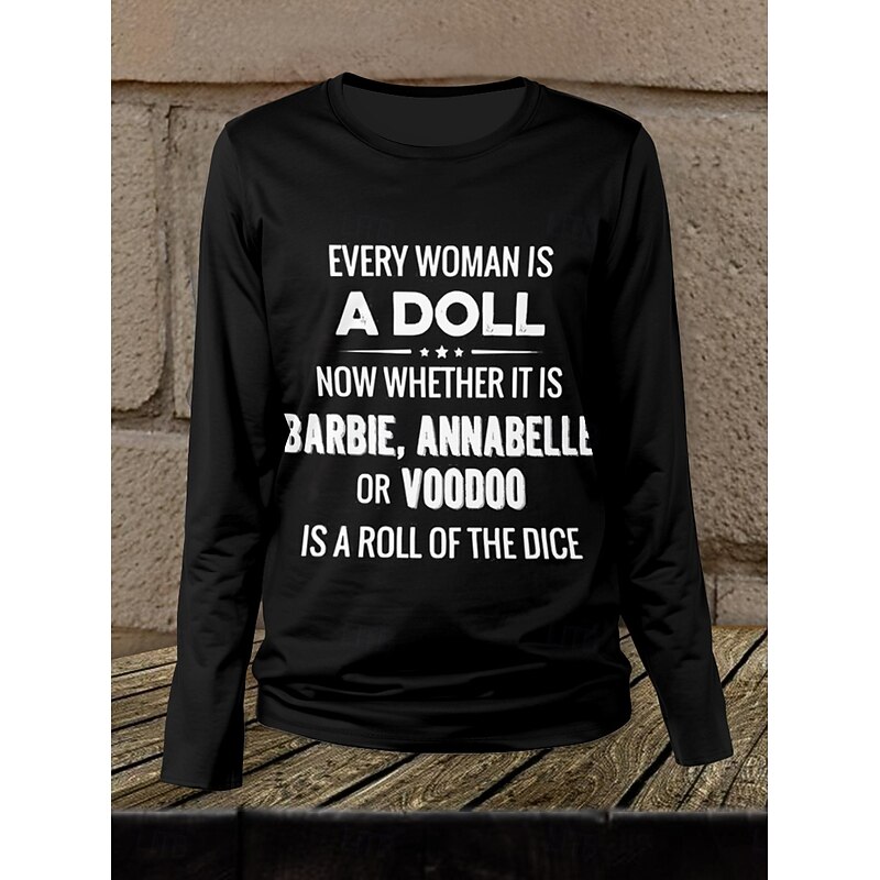 Women's T shirt Crew Neck Long Sleeve Tunic Letter Casual  Long Tops Daily Print Black Fall Winter3