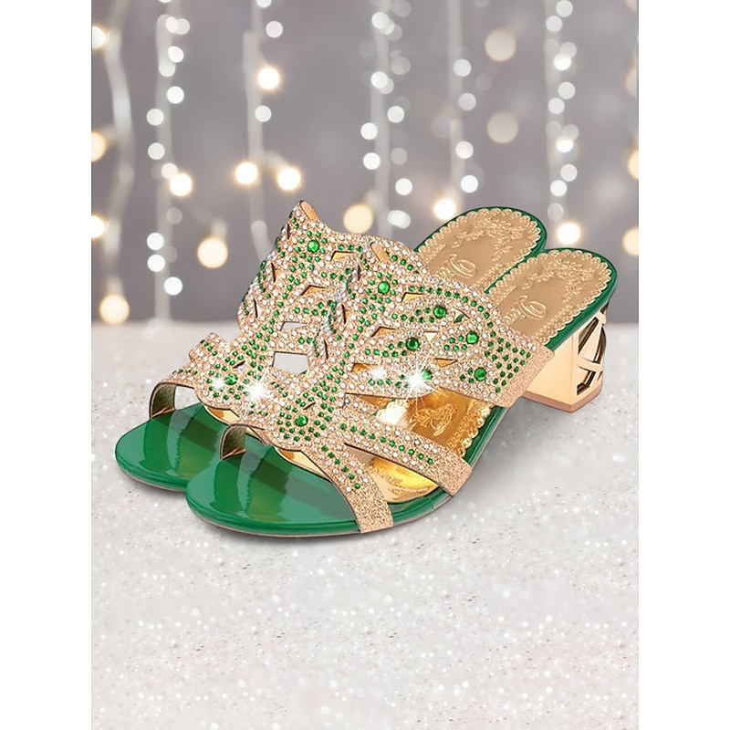 Gold and Green Rhinestone Embellished Heeled Sandals - Women's Glamorous Evening Shoes3