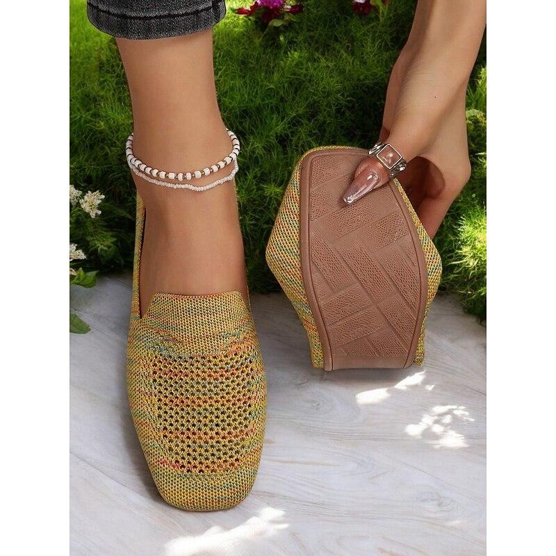Women's Foldable Yellow Knit Flats with Breathable Design  - Lightweight Travel Shoes for Casual and Outdoor Activities2