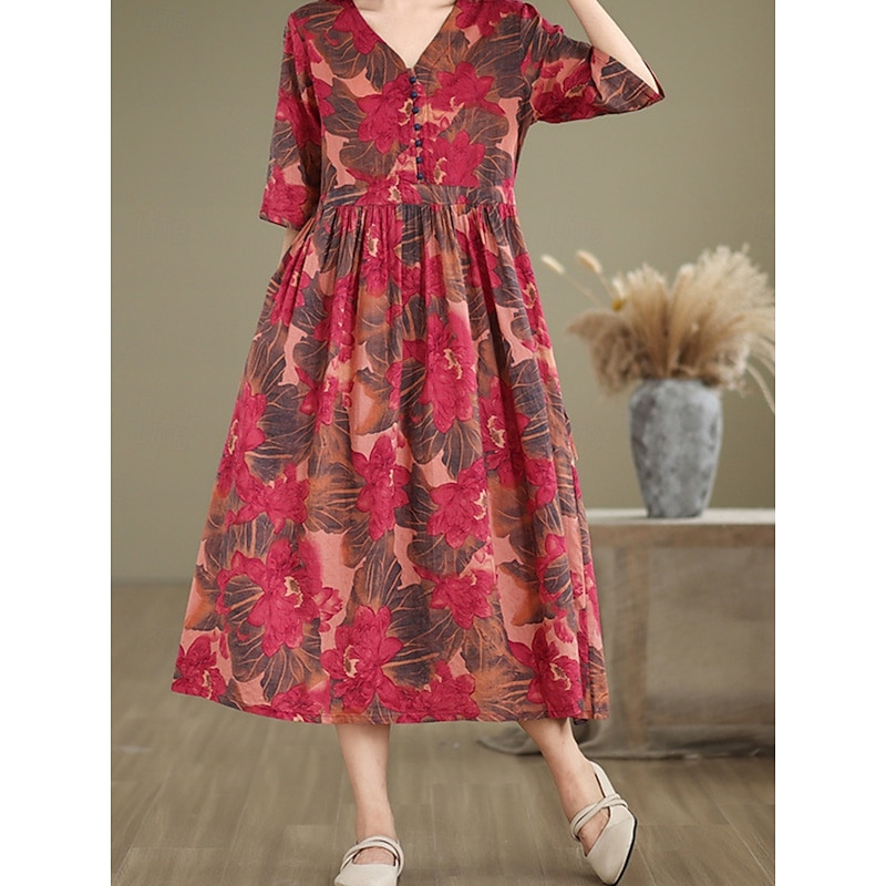 Women's Maxi Dress Cotton Linen Dresses Casual Dress Basic Casual Vacation Daily Regular Fit Floral Short Sleeve V Neck Red Summer4