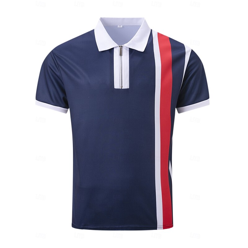 Men's Business Polo Golf Shirt Business Casual Quarter Zip Short Sleeve Color Block Stripes Zipper Summer Spring &  Fall Navy Blue Business Polo3