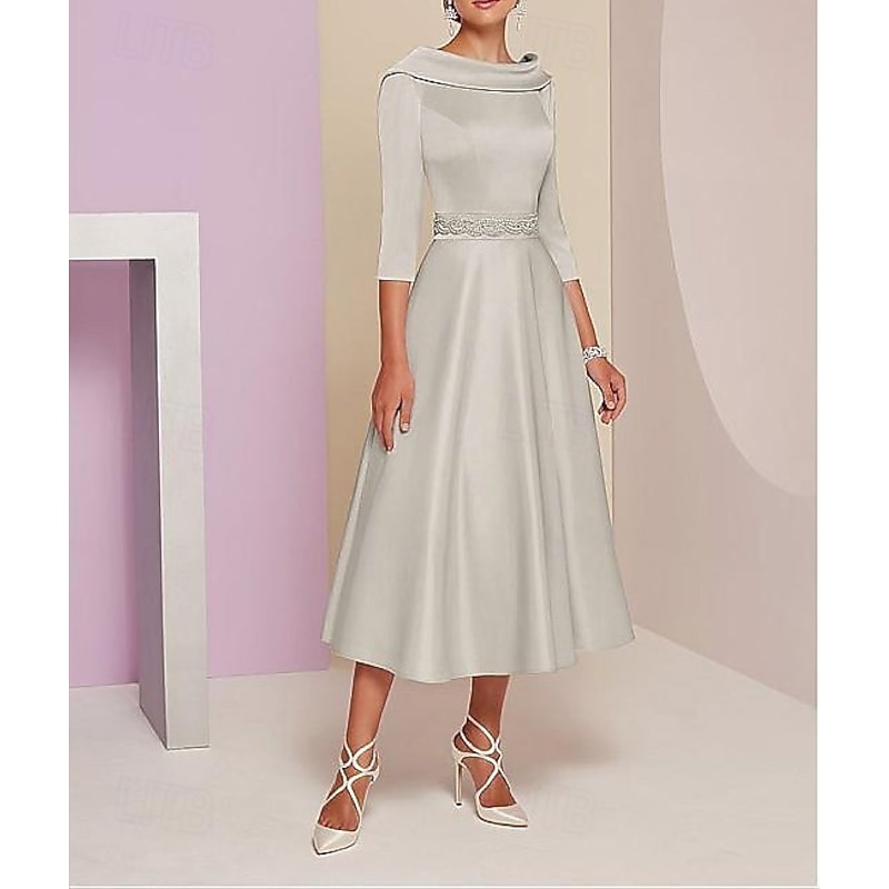 A-Line Dress Mother of the Bride Dress Elegant Vintage Bateau Neck Tea Length Satin 3/4 Length Sleeve with Beading Race Day Dress
