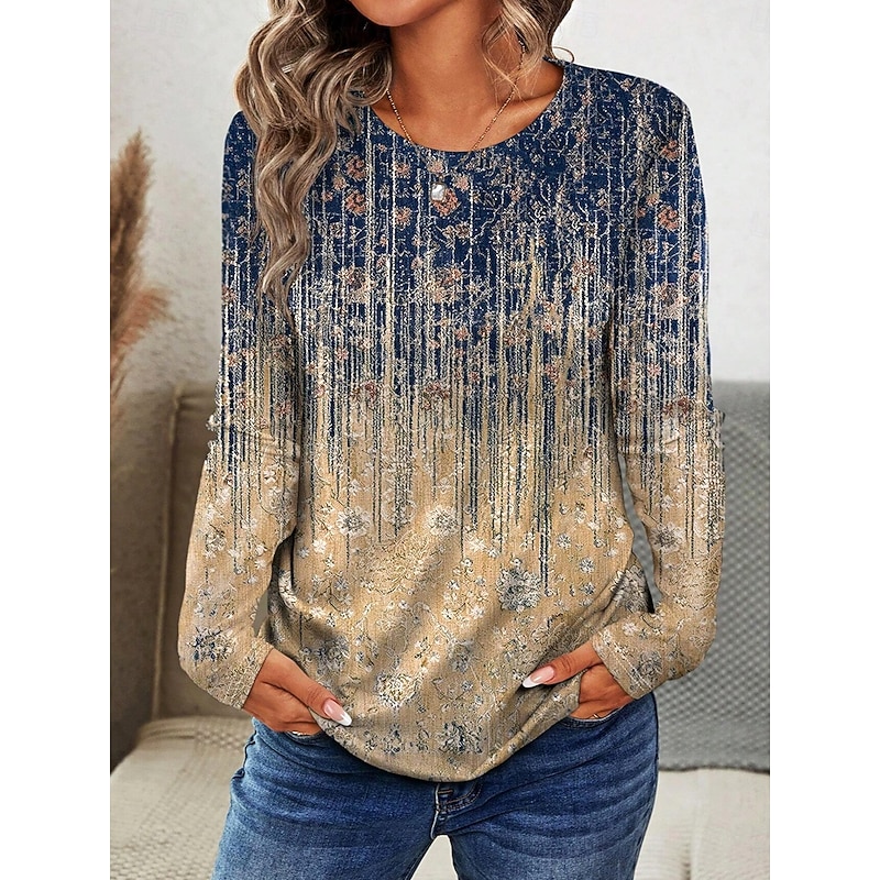 Women's T shirt Long Sleeve Crew Neck Long Sleeve Tunic Ombre Graphic Casual Regular Tops Daily Print Khaki Spring Fall Prefall3