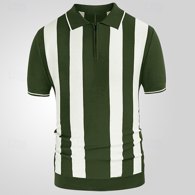 Men's Button Up Polos Golf Shirt Casual Sports Lapel Short Sleeve Fashion Basic Stripes Patchwork Buttons Summer Green Button Up Polos2