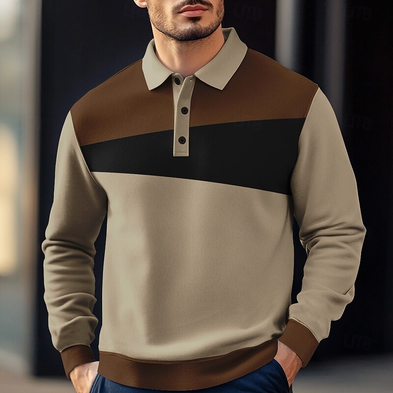 Men's Stripes Rugby Polo Cable Knit Polo Long Sleeve Polo Shirts Collared Shirts Casual Outdoor Athleisure 3D Print Spring Fall Winter Black Blue Brown2