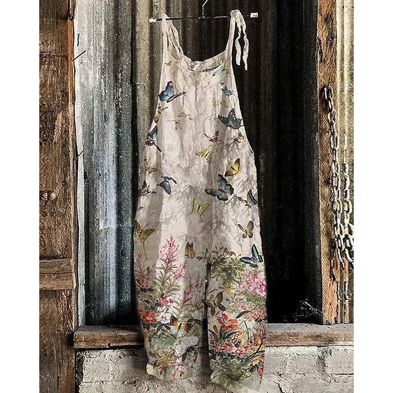 Women's Pants Trousers Dungarees Jumpsuit Rompers Lightweight Casual Ankle-Length Mid Rise Floral Graphic Printing Comfortable Inelastic Casual Daily Weekend Ginger Green ash-colored Golden2