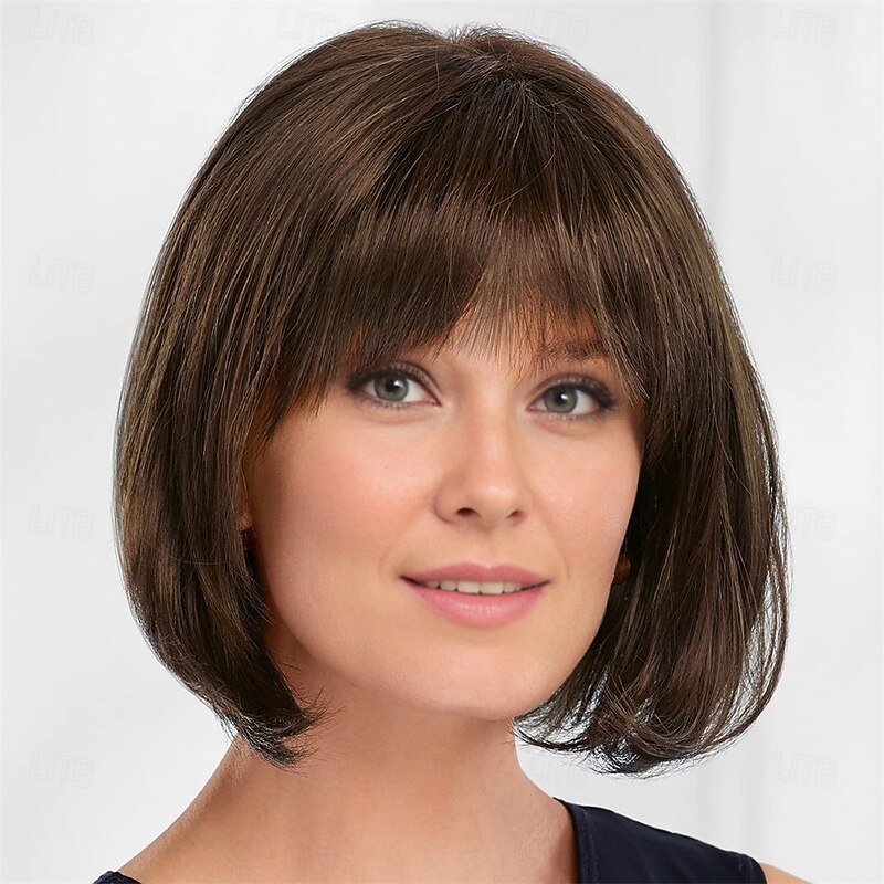 Chin-Length Bob Wig with Natural Looking Crown and Flirty Bangs/Multi-tonal Shades of Blonde Silver Brown and Red4