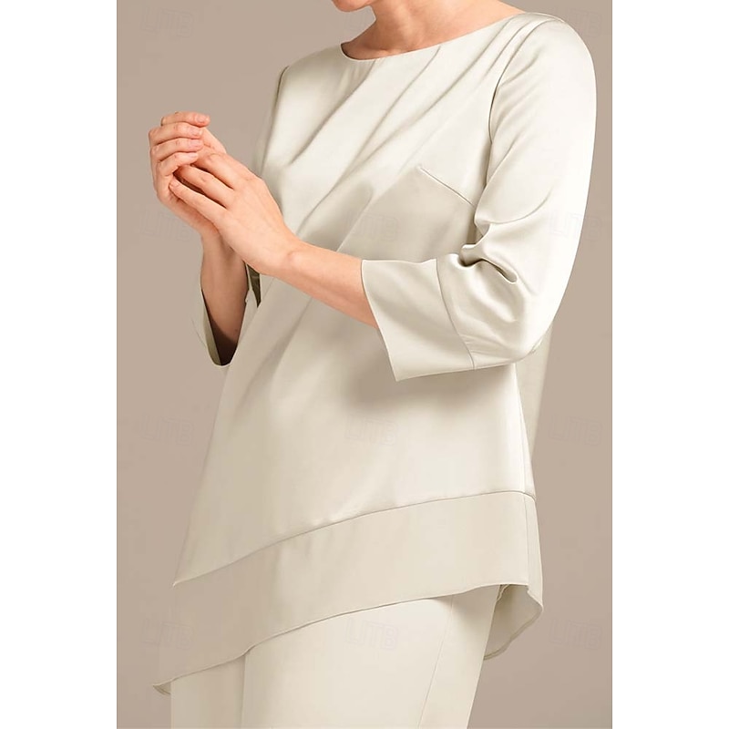 Pantsuit Mother of the Bride  Elegant Simple Minimalist Boat Neck Floor Length Satin 3/4 Length Sleeve Wrap Included with Solid Color3