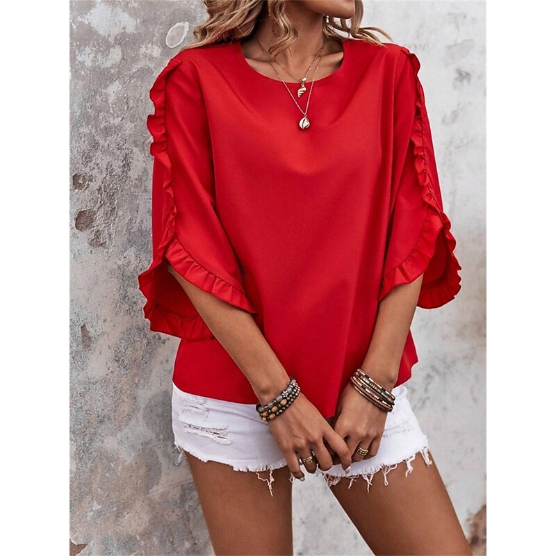 Women's Blouse Solid Color Elegant Daily Stylish 3/4 Length Sleeve Crew Neck Regular Tops Work Daily Holiday Black Red Green Khaki Summer Spring Fall4