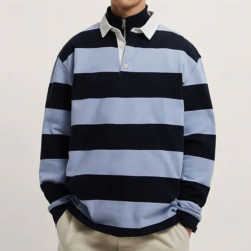 Men's Stripes Rugby Polo Long Sleeve Polo Shirts Collared Shirts Casual Outdoor Athleisure 3D Print Spring Fall Winter Pink Blue Purple