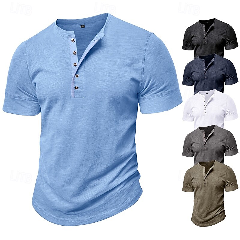 100% Cotton Men's Henley Shirt Tee Short Sleeve Solid Color Plain Classic Style Buttons Henley Casual Daily Summer Spring & Fall Black White Light Blue Henley T-Shirt