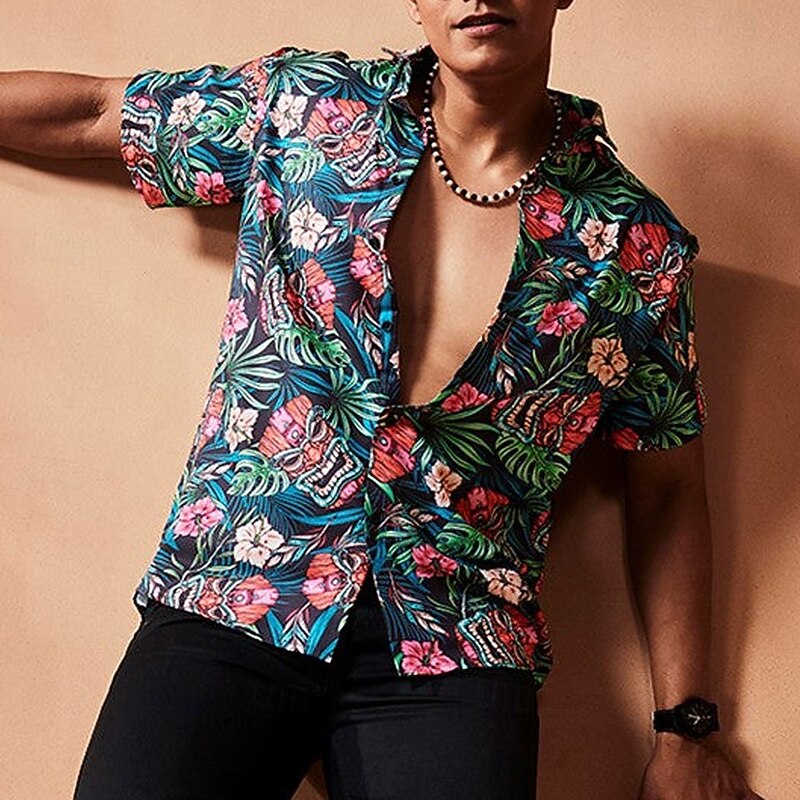 Men's Retro Ethnic Tiki Summer Hawaiian Shirt Aloha Shirt Short Sleeve Hawaiian Resort Vacation Holiday Beach Wear Summer Spring Turndown Button Up Blue2