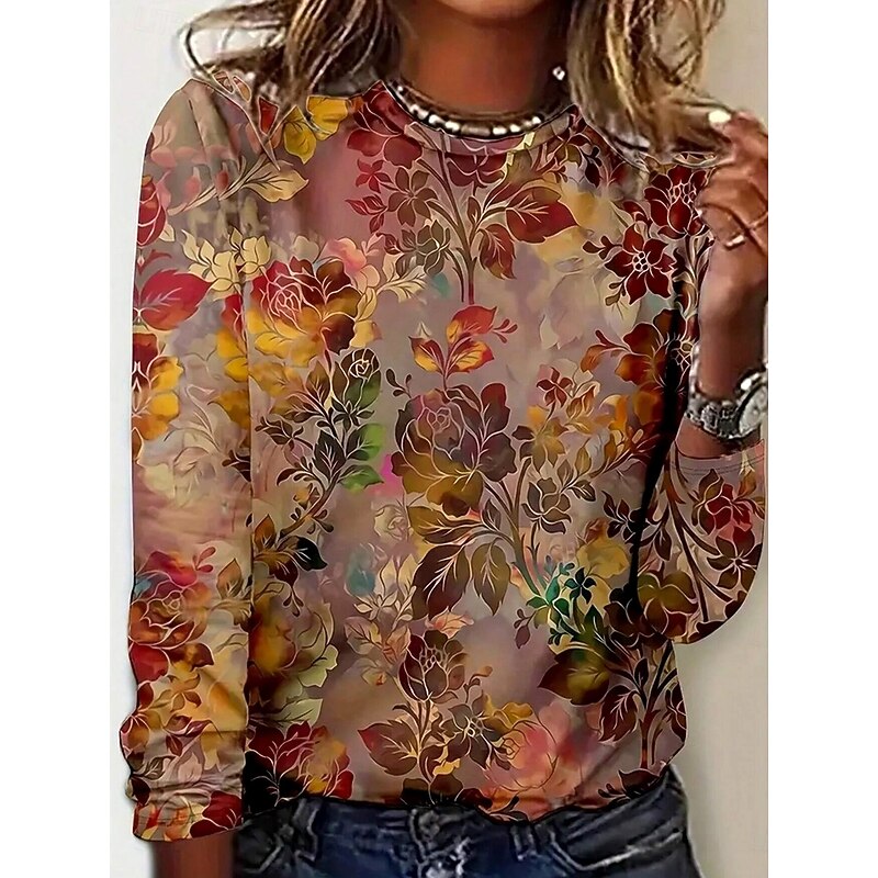 Women's T shirt Crew Neck Long Sleeve Tunic Floral Graphic Casual  Regular Tops Daily Print Brown Spring Fall