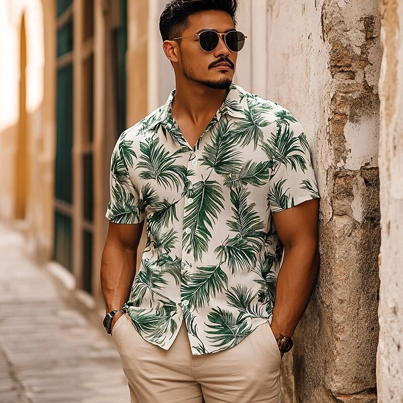 Men's Palm Leaf Tropical Plants Summer Hawaiian Shirt Button Up Shirt Aloha Shirt Short Sleeve Hawaiian Resort Vacation Holiday Beach Wear Summer Spring Turndown 3D Print Collared Shirts Beige2