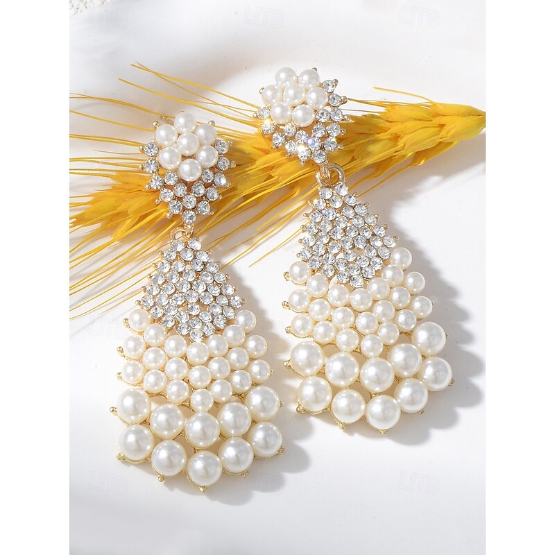Elegant Faux Pearl and Rhinestone Drop Earrings – Vintage Style, Gold-Plated, Perfect for Weddings and Formal Occasions