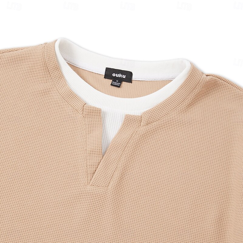 Men's Waffle T-shirt Pullover Sweatshirt Tee Top Long Sleeve Shirt Long Sleeve Crew Neck V Neck Spring &  Fall Plain Fashion Designer Basic Fashion Fake two piece Vacation Street Going out Black Gray2