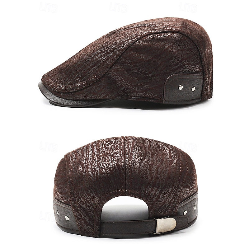 Vintage Brown Newsboy Beret Cap with Textured Pattern and Faux Leather Brim, Stylish Flat Cap for Men, Perfect for Casual Wear, Driving and Outdoor Activities4