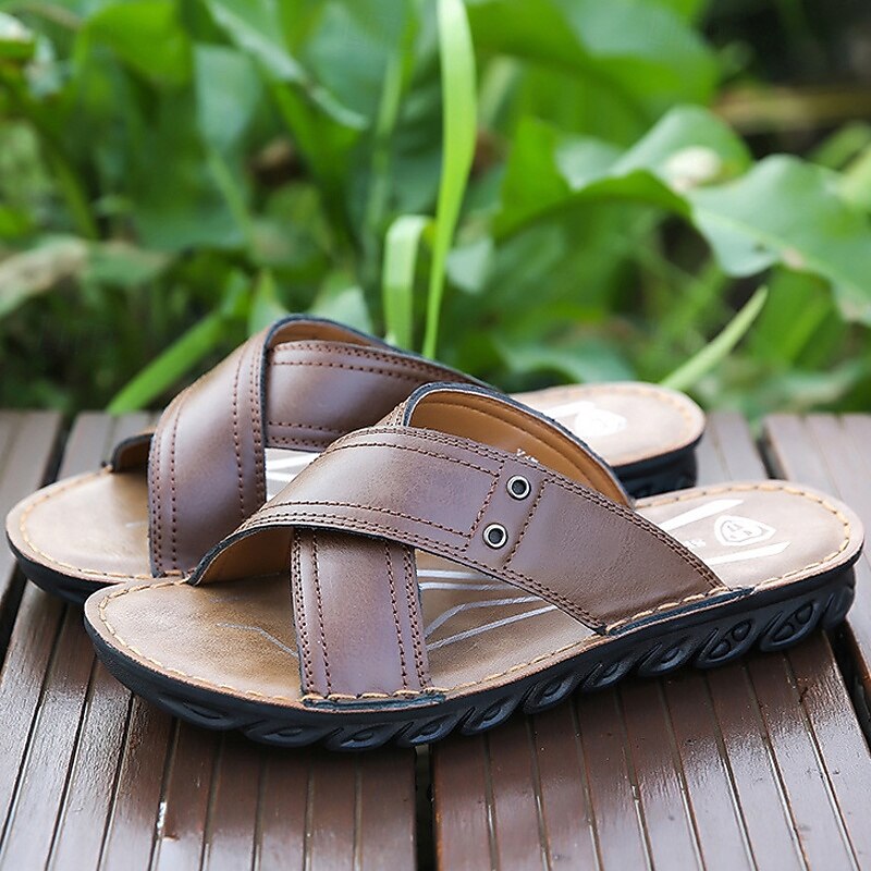 Men's Brown Faux Leather Cross Strap Sandals – Comfortable Slip-On Beach Slides with Non-Slip Sole for Summer Casual and Outdoor Wear4