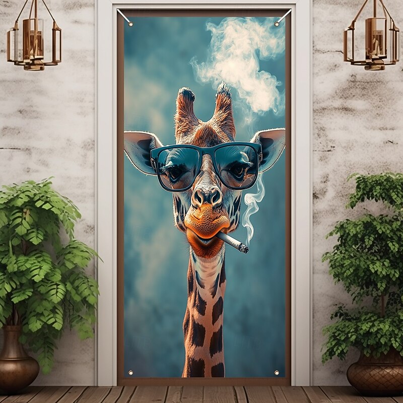 Funny Animal Door Decorations Door Covers Giraffe Door Tapestry Door Curtain Decoration Backdrop Indoor/Outdoor Door Banner for Front Door Farmhouse2