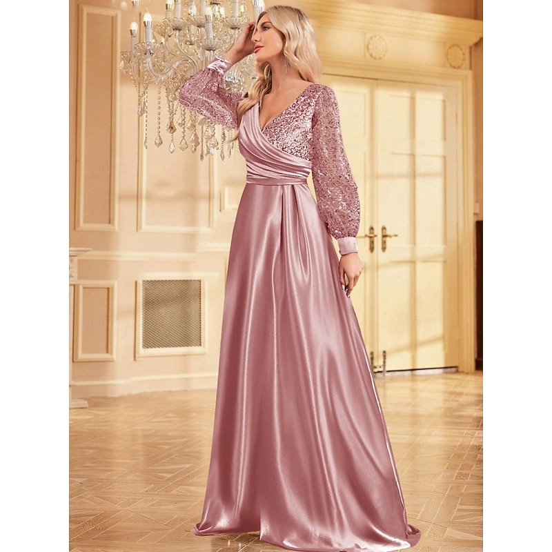 A-Line Evening Gown Elegant Dress Wedding Guest Evening Party Floor Length Long Bubble Sleeve V Neck Satin With Glitter4