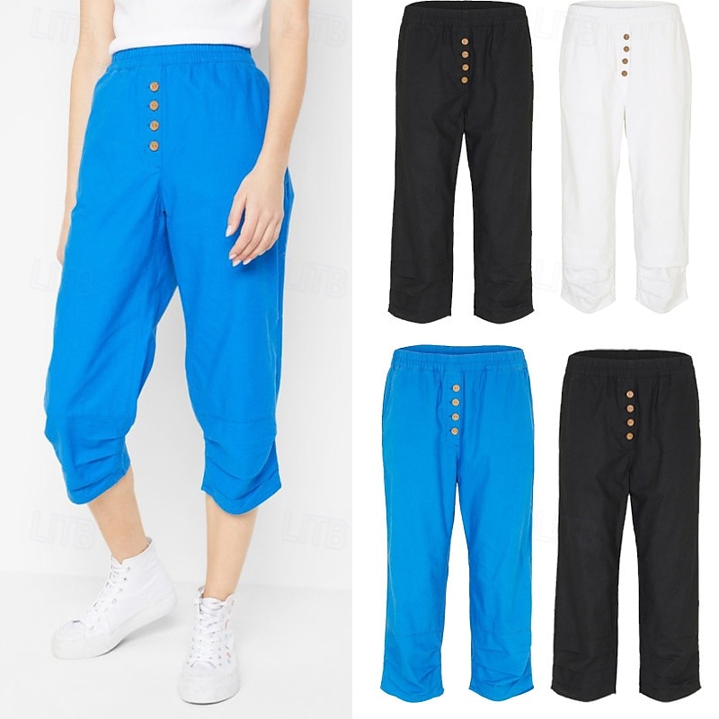 Women's Cotton Linen Pants Lightweight Casual Ankle-Length Mid Rise Plain Pocket Breathability Comfortable Inelastic Casual Daily Weekend Black White Blue Summer Spring Regular Fit