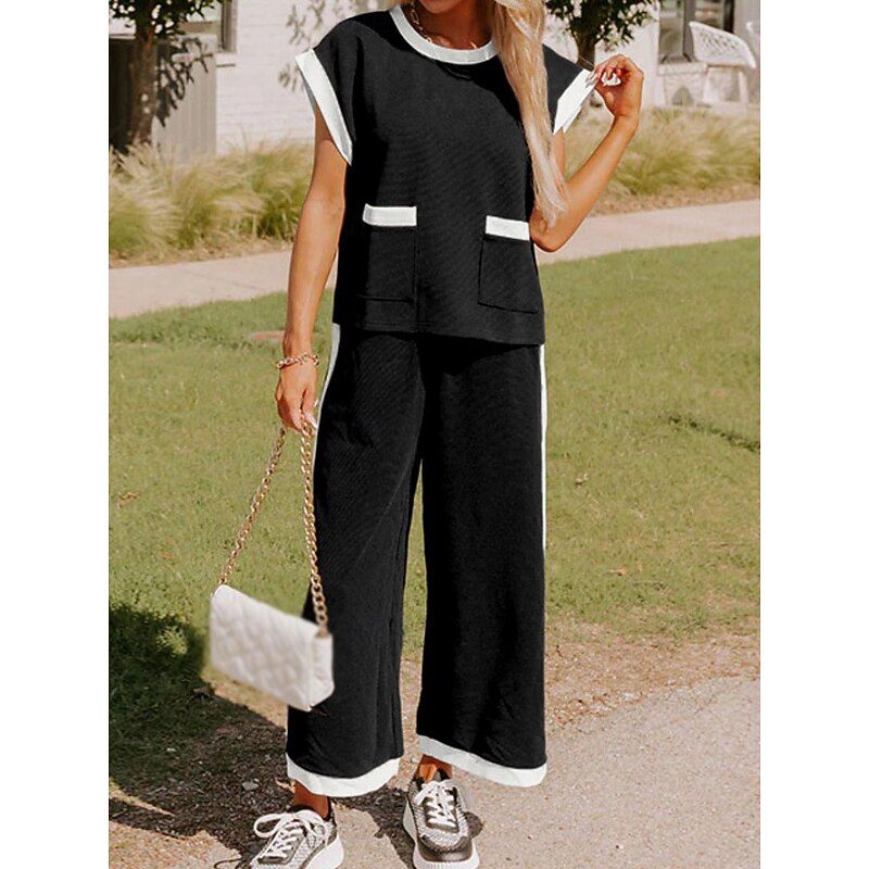 Women's Fashion Streetwear Daily T Shirt Wide Leg Pants Short Sleeve Crew Neck Plain Casual Daily Black White Summer Regular Fit