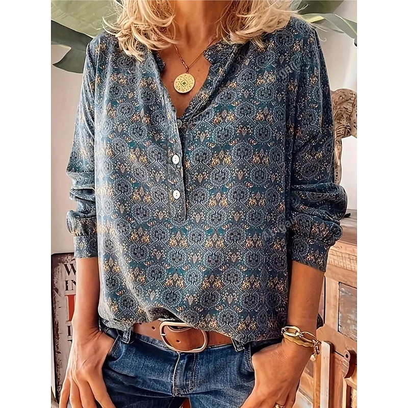 Women's Linen-Inspired Shirts Dressy Tops Stylish Retro Vintage Long Sleeve Bishop Sleeve Notched Neck Regular Tops Daily Blue Summer Spring Fall
