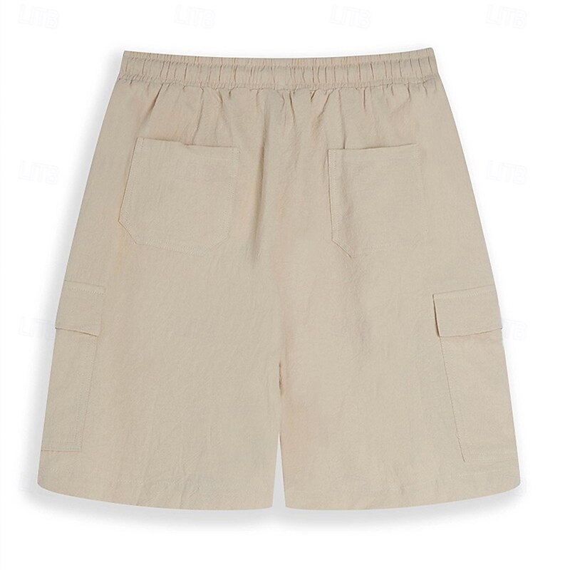 Men's Cargo Shorts Shorts Linen Shorts Summer Shorts Beach Shorts Drawstring Elastic Waist Multi Pocket Plain Knee Length Classic Style Casual Black White Inelastic3