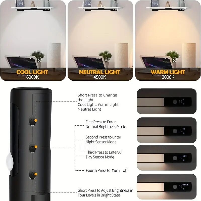 Multifunctional Motion Sensor Under Cabinet Light – Tri-color Dimmable USB Rechargeable Night Lamp with Magnetic Mounting for Kitchen, Office, and Wardrobe Lighting4