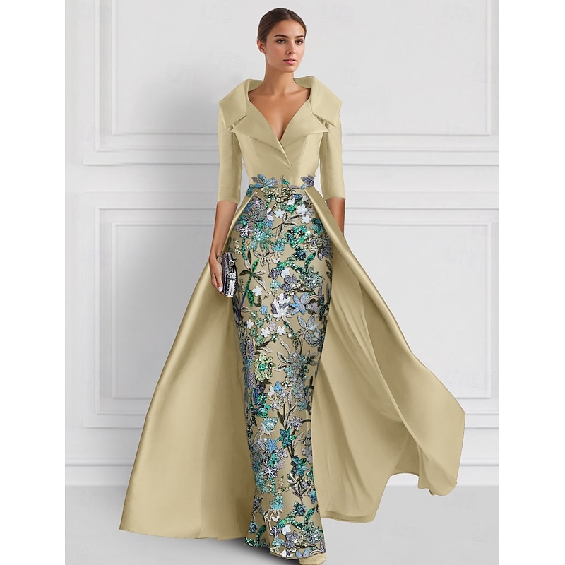 Embroidered Ball Gown A-Line Evening Gown Elegant Dress Formal Wedding Floor Length Half Sleeve Shirt Collar Satin with Slit Appliques 19