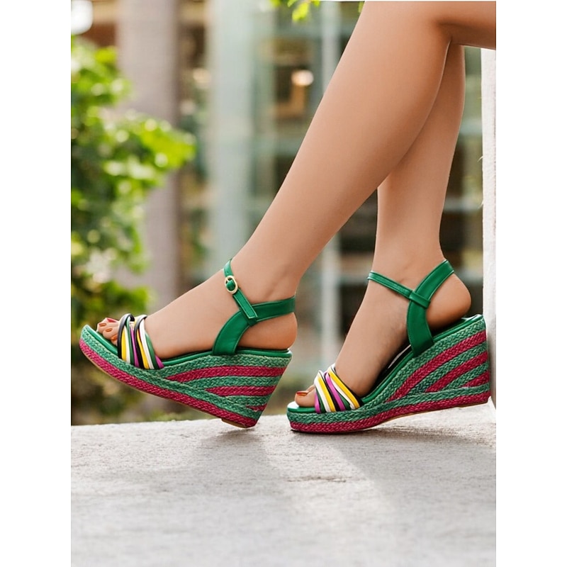 Women's Colorful Striped Wedge Sandals - Green Ankle Strap Espadrille Style for Summer Beach and Casual Wear