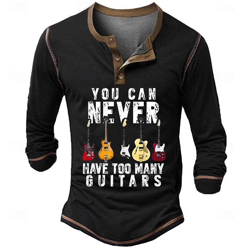 Men's Graphic Guitar Henley Shirt Tee Long Sleeve Vintage Fashion Designer Outdoor Casual Daily Spring &  Fall Army Green Black Navy Blue Henley Henley T-Shirt4