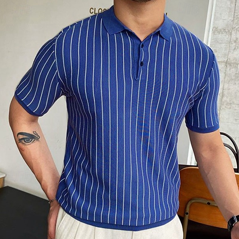 Men's Button Up Polos Golf Shirt Casual Sports Lapel Short Sleeve Fashion Basic Stripes Patchwork Buttons Summer Blue Button Up Polos2