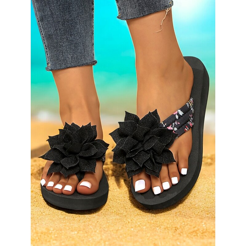 Women's Black Floral Flip Flops with Oversized Flower Decoration - Comfortable Summer Sandals for Beach and Casual Outings