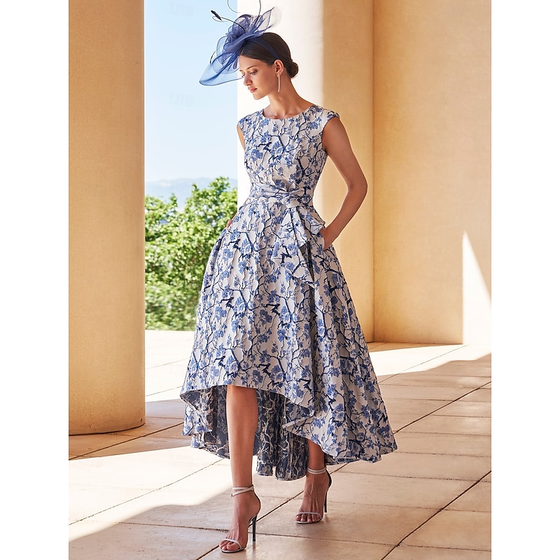Floral A-Line Cocktail Dresses Elegant Dress Formal Asymmetrical Sleeveless Jewel Neck Pocket Nylon with Floral Print Dresses Wedding Guest Dress