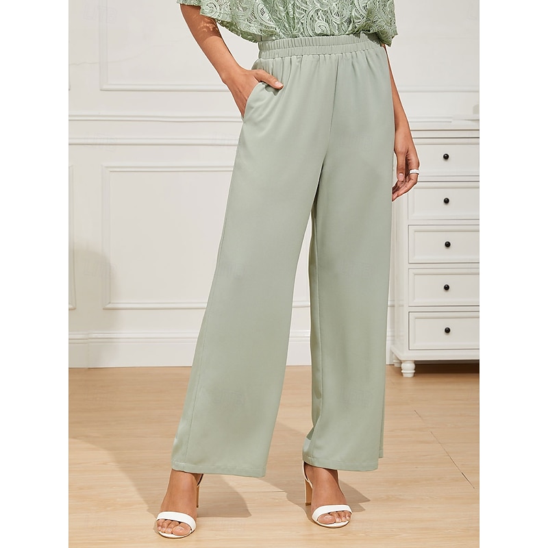 Women's Wide Leg Chinos Basic Full Length High Waist Plain Pocket Elastic Waistband Comfy Soft Comfortable Micro-elastic Formal Wedding Gray Green Summer Spring Regular Fit3