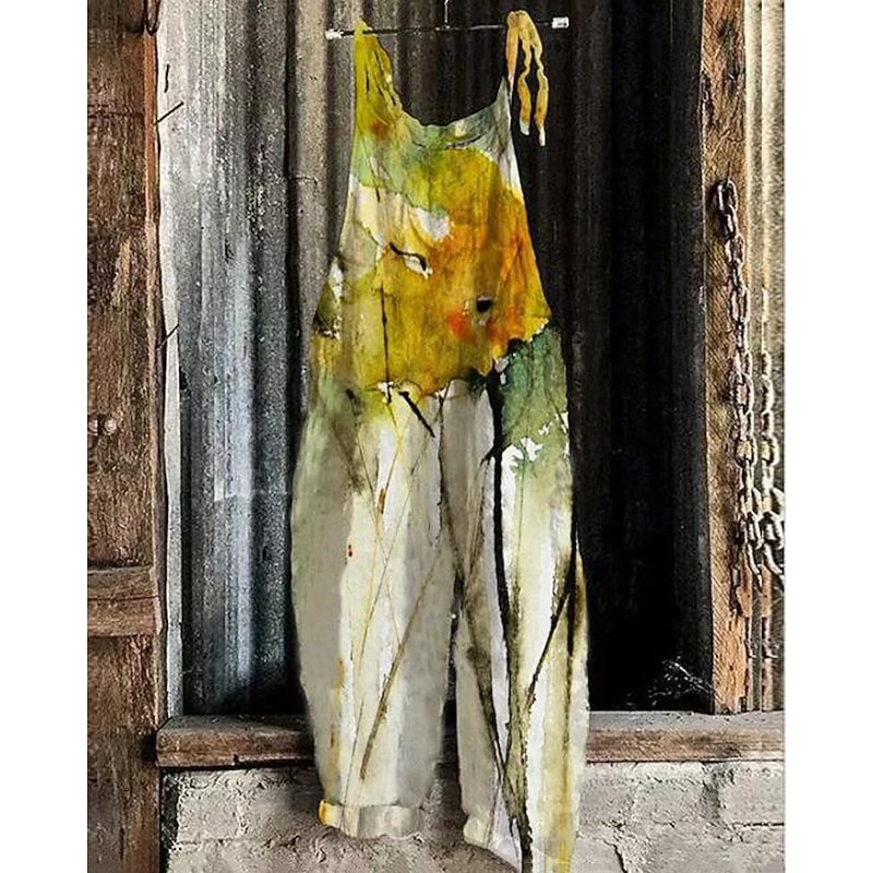 Women's Pants Trousers Dungarees Jumpsuit Rompers Lightweight Casual Ankle-Length Mid Rise Floral Graphic Printing Comfortable Inelastic Casual Daily Weekend Ginger Green ash-colored Golden4