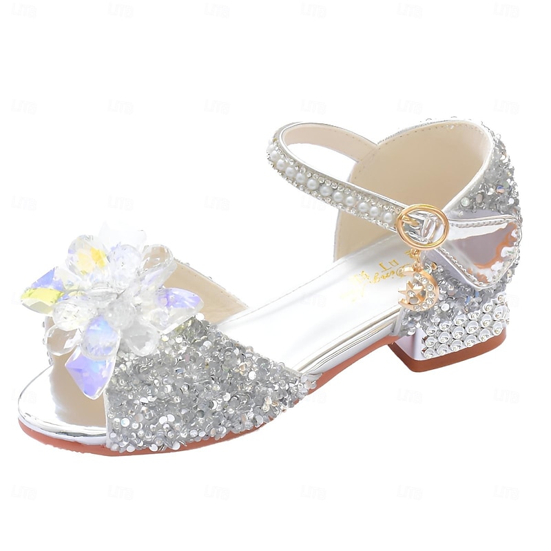 Girls' Glittery Flower Crystal Shoes – Rhinestone Open-Toe Dress Shoes with Low Heels for Parties or Weddings3