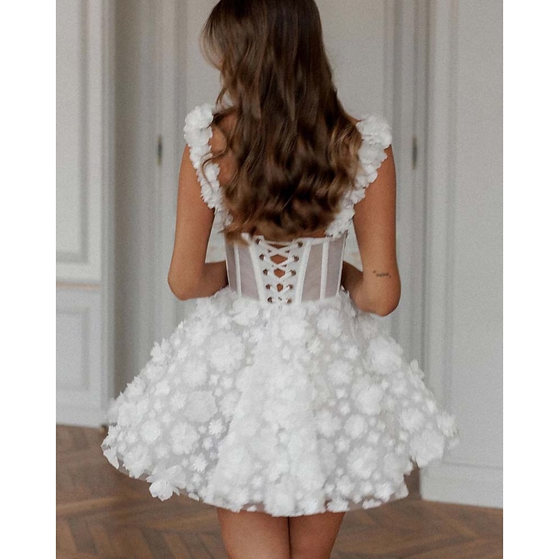 Wedding Dresses 3D Flowers A-Line Sweetheart Sleeveless Short / Mini Lace Bridal Gowns With Appliques4