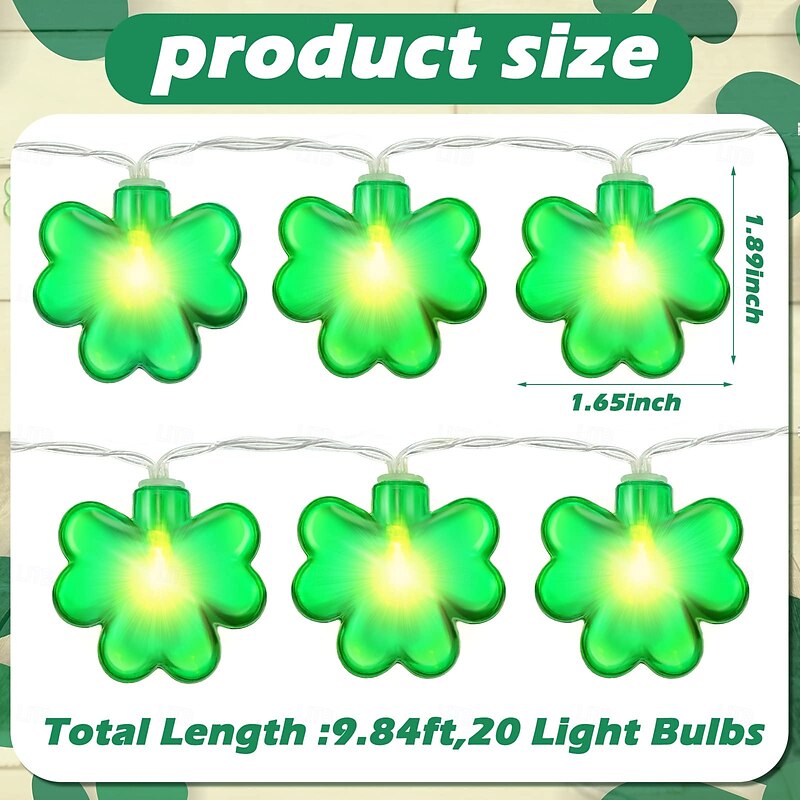 St. Patrick's Day Clover Light String 3M 20 LEDs - AA Battery Powered Indoor/Outdoor Decorative String Lights for Courtyard, Garden, Party and Festive Atmosphere 1pc4