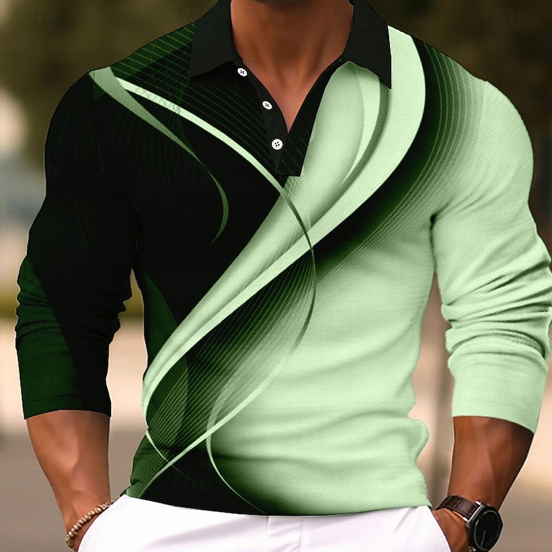 Men's Geometric Polo Shirts Golf Shirt Long Sleeve Polo Shirts Collared Shirts Business Casual WorkWear Formal Wear Festival Wear 3D Print Buttons Fall & Winter White Blue Green3